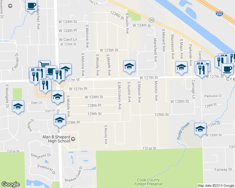 map of restaurants, bars, coffee shops, grocery stores, and more near 6038 W 128th St in Palos Heights
