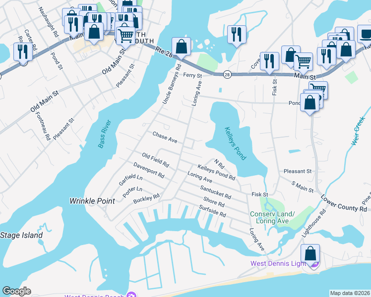 map of restaurants, bars, coffee shops, grocery stores, and more near 4 Uncle Franks Road in Dennis