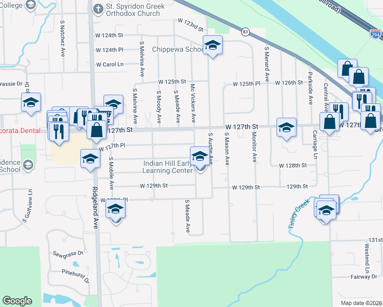map of restaurants, bars, coffee shops, grocery stores, and more near 6038 West 128th Street in Palos Heights