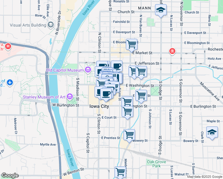 map of restaurants, bars, coffee shops, grocery stores, and more near 125 South Dubuque Street in Iowa City