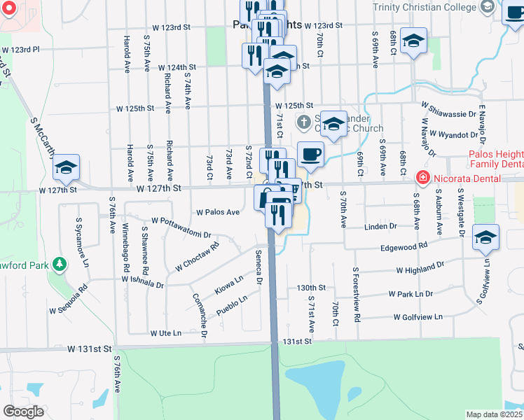 map of restaurants, bars, coffee shops, grocery stores, and more near 12760 South Harlem Avenue in Palos Heights