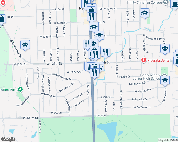 map of restaurants, bars, coffee shops, grocery stores, and more near 12760 South Harlem Avenue in Palos Heights