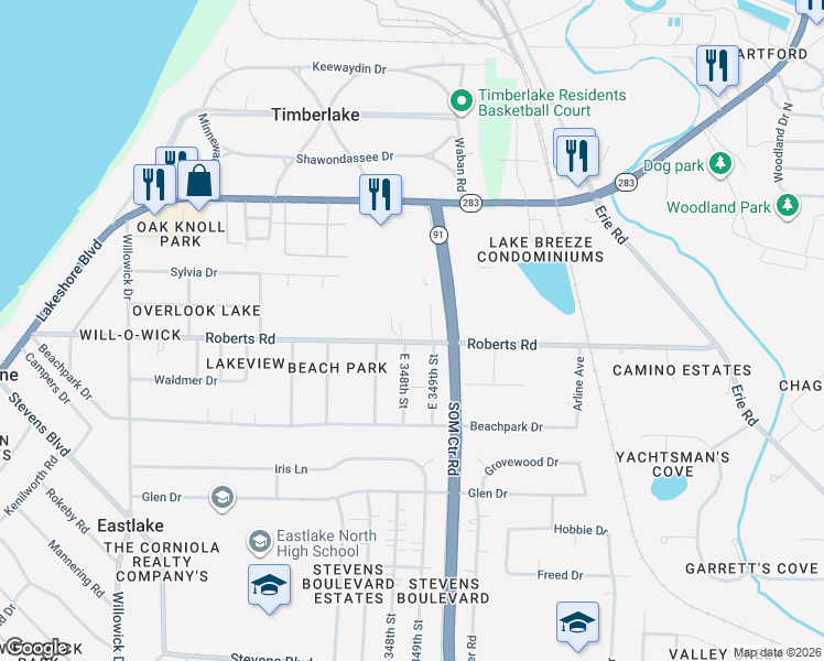 map of restaurants, bars, coffee shops, grocery stores, and more near 34823 Roberts Road in Eastlake