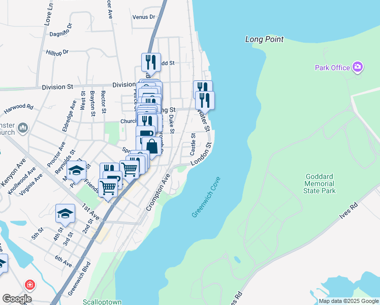 map of restaurants, bars, coffee shops, grocery stores, and more near 31 Castle Street in East Greenwich