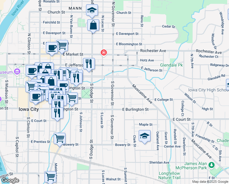 map of restaurants, bars, coffee shops, grocery stores, and more near 112 South Governor Street in Iowa City