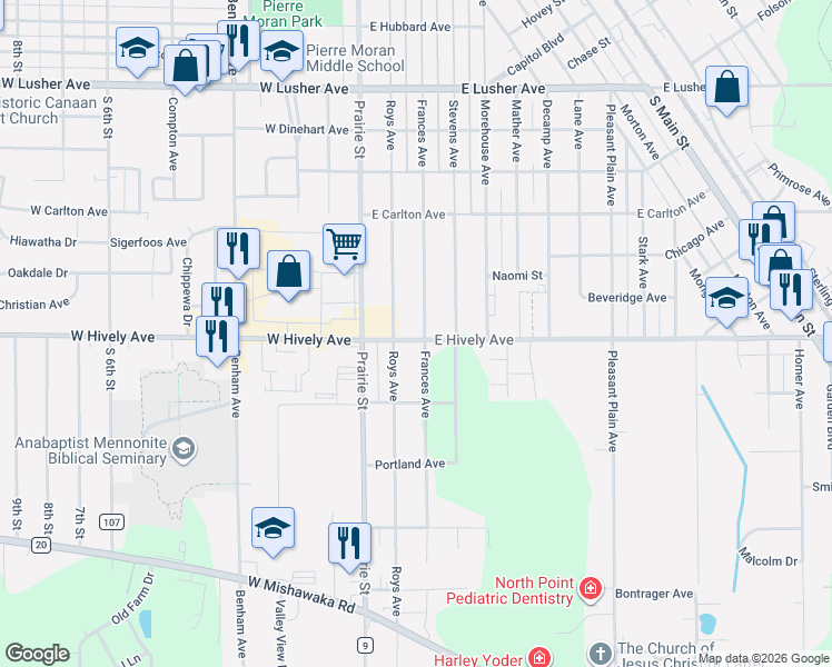 map of restaurants, bars, coffee shops, grocery stores, and more near 2637 Frances Avenue in Elkhart