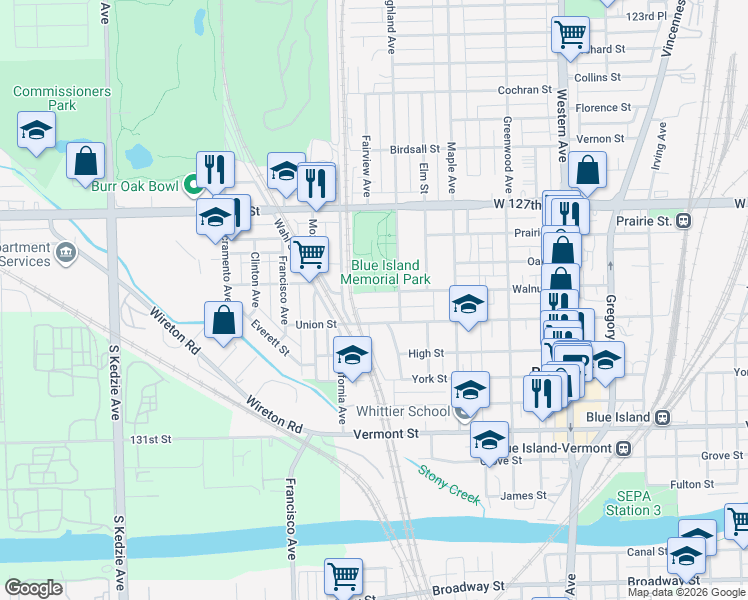 map of restaurants, bars, coffee shops, grocery stores, and more near 2729 Walnut Street in Blue Island