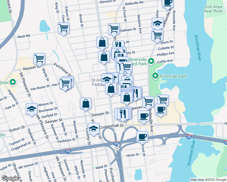 map of restaurants, bars, coffee shops, grocery stores, and more near 92 Nye Street in New Bedford