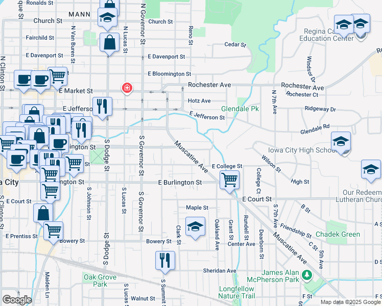 map of restaurants, bars, coffee shops, grocery stores, and more near 1106 Muscatine Avenue in Iowa City