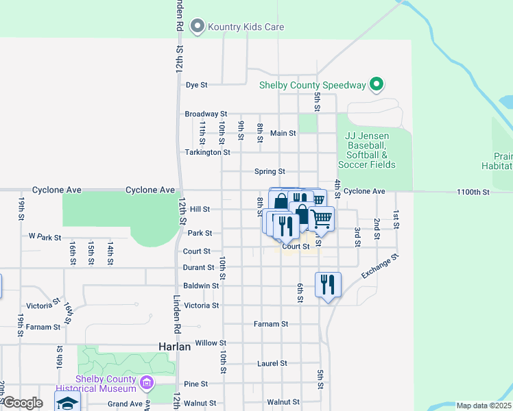 map of restaurants, bars, coffee shops, grocery stores, and more near 804 Hill Street in Harlan