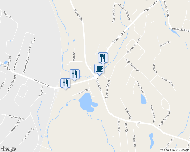 map of restaurants, bars, coffee shops, grocery stores, and more near 299 Titusville Road in Poughkeepsie