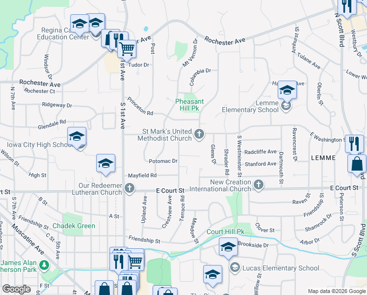 map of restaurants, bars, coffee shops, grocery stores, and more near 120 Washington Park Road in Iowa City