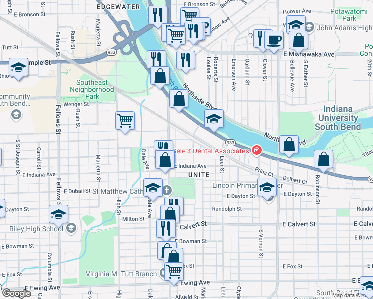 map of restaurants, bars, coffee shops, grocery stores, and more near 1135 Haney Avenue in South Bend