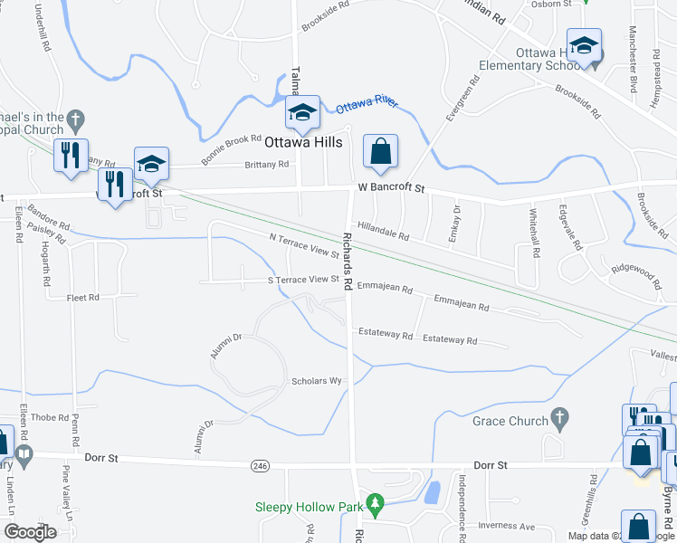 map of restaurants, bars, coffee shops, grocery stores, and more near 4106 South Terrace View Street in Toledo