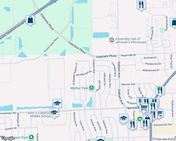 map of restaurants, bars, coffee shops, grocery stores, and more near 492 West Hillcrest Drive in Romeoville