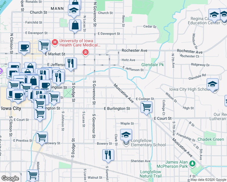 map of restaurants, bars, coffee shops, grocery stores, and more near 1025 East Washington Street in Iowa City