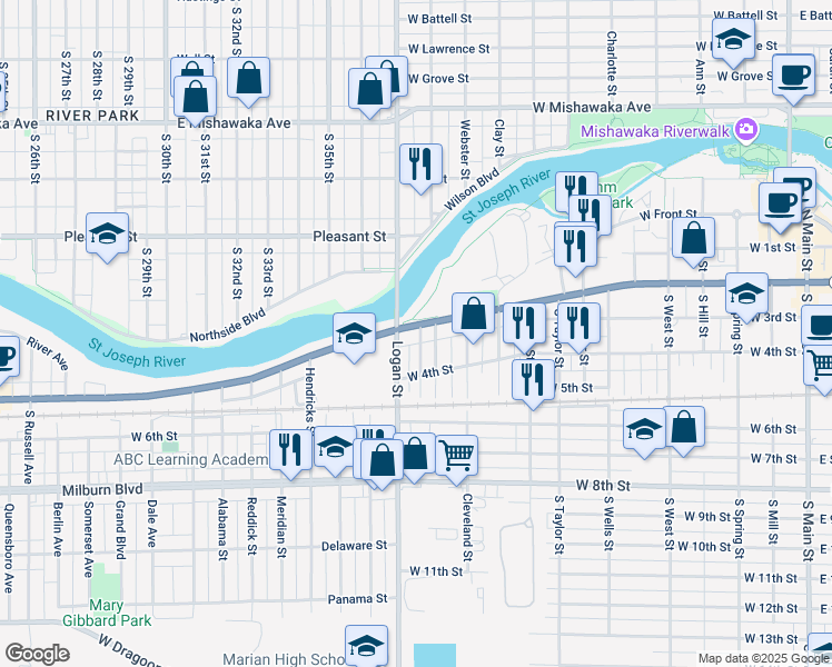map of restaurants, bars, coffee shops, grocery stores, and more near 1213 Lincolnway West in Mishawaka