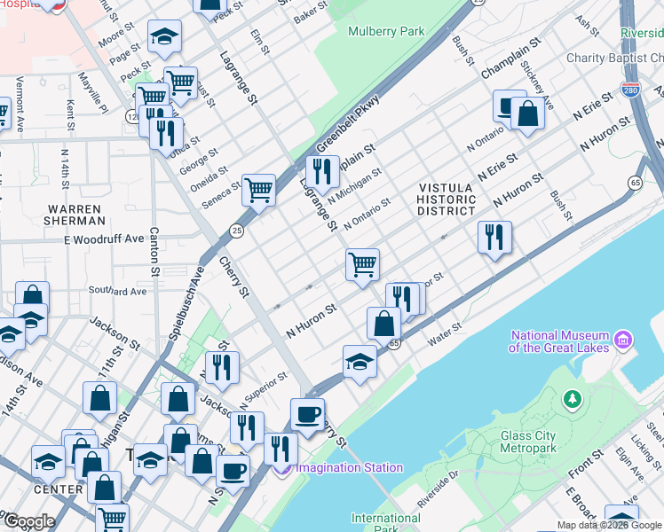 map of restaurants, bars, coffee shops, grocery stores, and more near 915 North Erie Street in Toledo