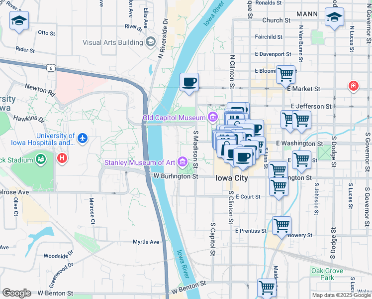 map of restaurants, bars, coffee shops, grocery stores, and more near 125 West Washington Street in Iowa City