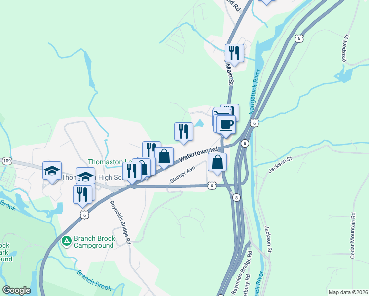 map of restaurants, bars, coffee shops, grocery stores, and more near 76 Watertown Road in Thomaston
