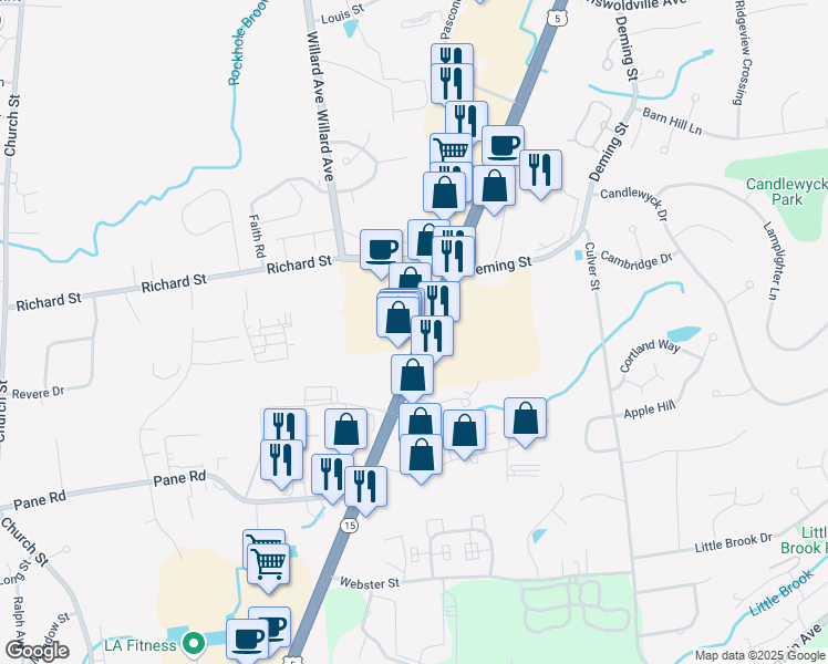 map of restaurants, bars, coffee shops, grocery stores, and more near 3265 Berlin Turnpike in Newington