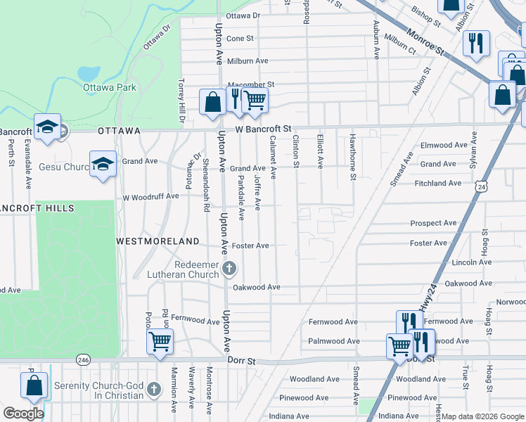 map of restaurants, bars, coffee shops, grocery stores, and more near 1926 Joffre Avenue in Toledo