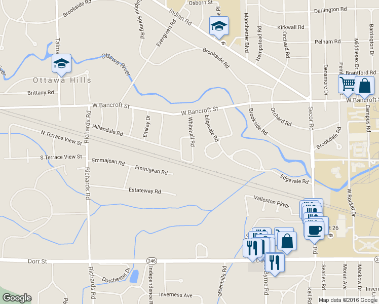 map of restaurants, bars, coffee shops, grocery stores, and more near 2057 Whitehall Road in Toledo