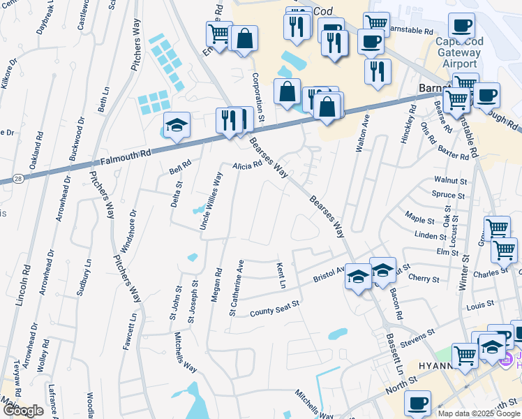 map of restaurants, bars, coffee shops, grocery stores, and more near 62 Kelley Road in Barnstable