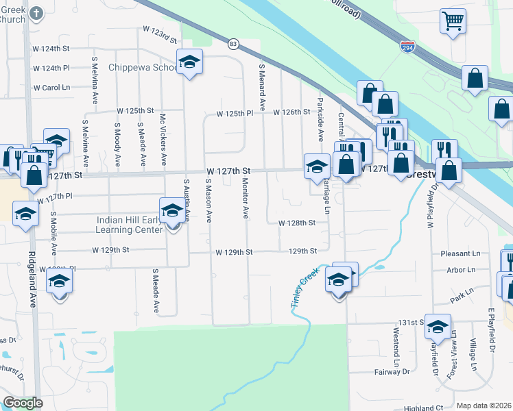 map of restaurants, bars, coffee shops, grocery stores, and more near 12741 Monitor Avenue in Palos Heights