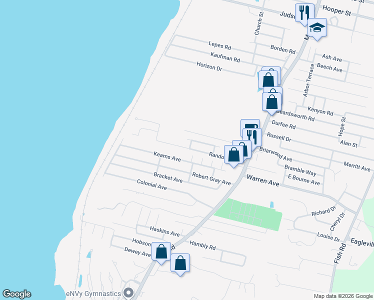 map of restaurants, bars, coffee shops, grocery stores, and more near 135 Randolph Avenue in Tiverton