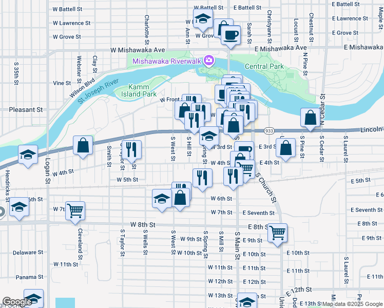 map of restaurants, bars, coffee shops, grocery stores, and more near 212 South Hill Street in Mishawaka
