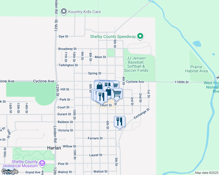 map of restaurants, bars, coffee shops, grocery stores, and more near 510 Hill Street in Harlan