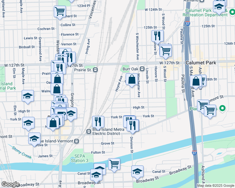map of restaurants, bars, coffee shops, grocery stores, and more near 12845 Hoyne Avenue in Blue Island