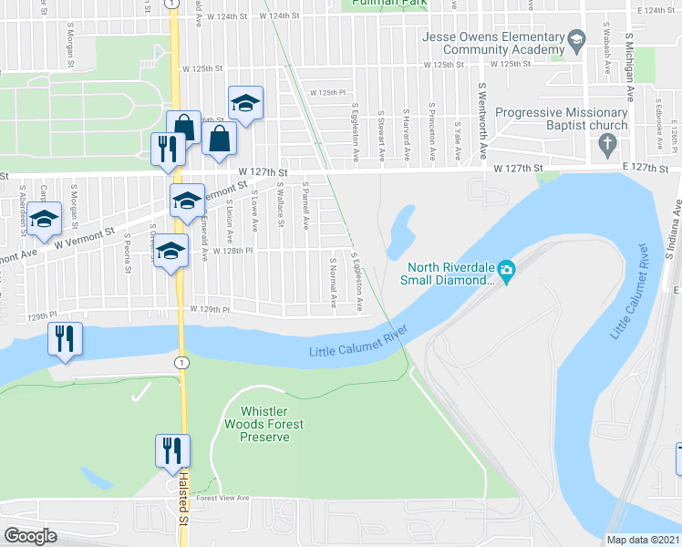 map of restaurants, bars, coffee shops, grocery stores, and more near 12863 South Normal Avenue in Chicago