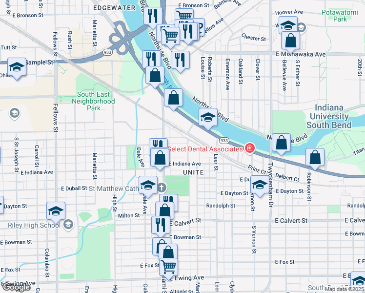 map of restaurants, bars, coffee shops, grocery stores, and more near 1135 Haney Avenue in South Bend