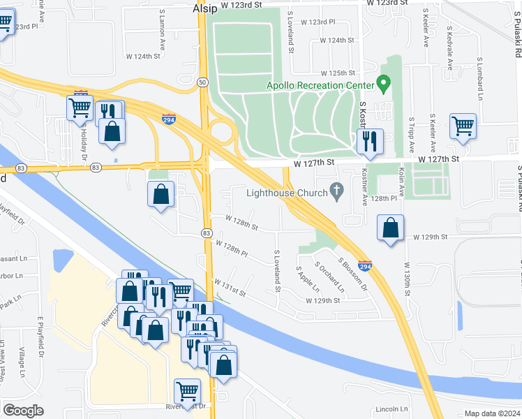 map of restaurants, bars, coffee shops, grocery stores, and more near 12730 South McDaniels Street in Alsip