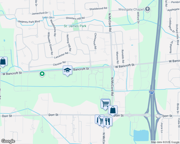 map of restaurants, bars, coffee shops, grocery stores, and more near 2131 The Bluffs in Toledo