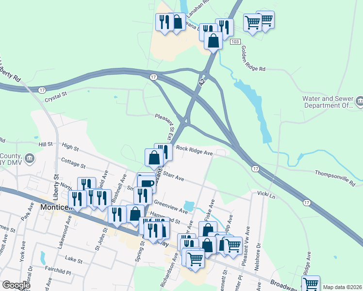 map of restaurants, bars, coffee shops, grocery stores, and more near 4 Rock Ridge Avenue in Monticello
