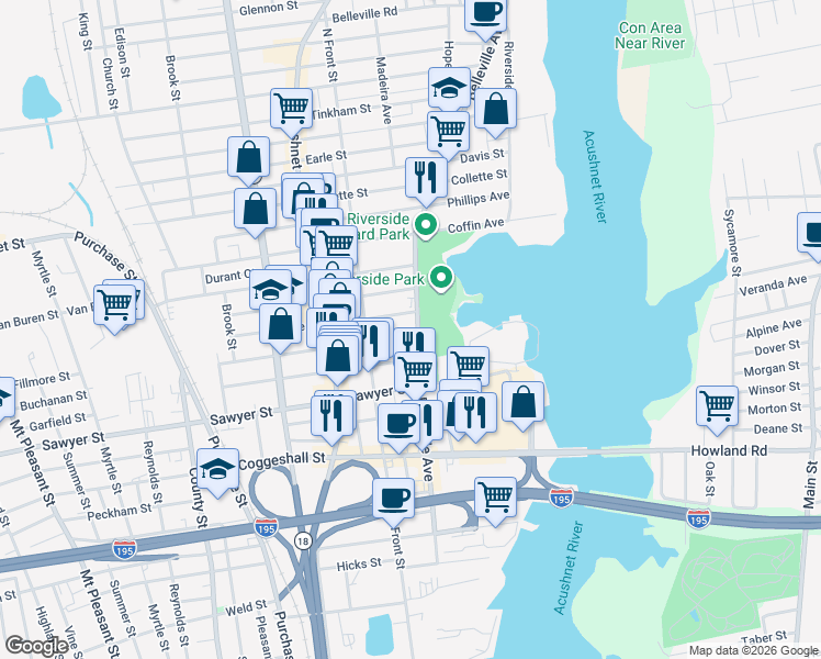 map of restaurants, bars, coffee shops, grocery stores, and more near 4 Tallman Street in New Bedford