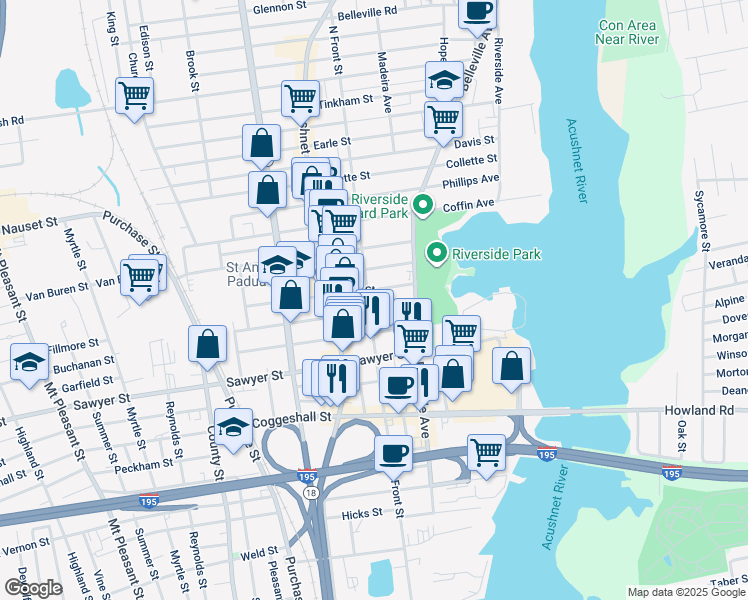 map of restaurants, bars, coffee shops, grocery stores, and more near 39 Tallman Street in New Bedford