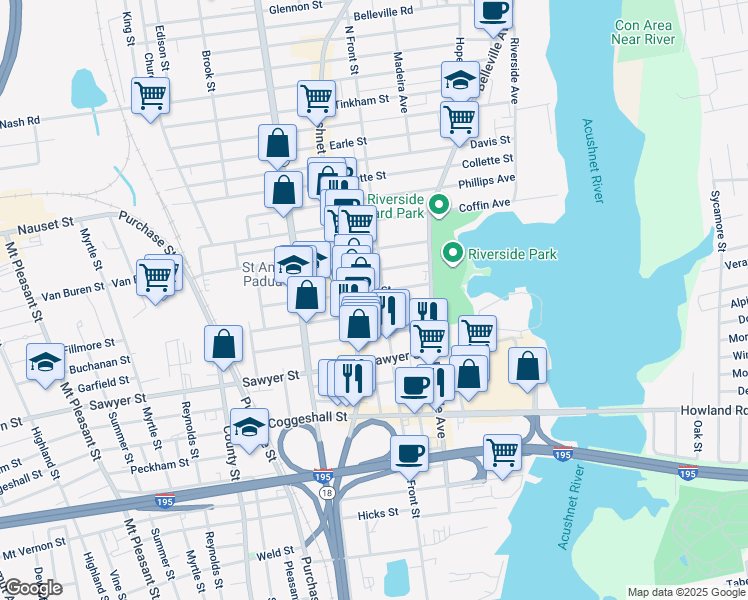 map of restaurants, bars, coffee shops, grocery stores, and more near 39 Tallman Street in New Bedford