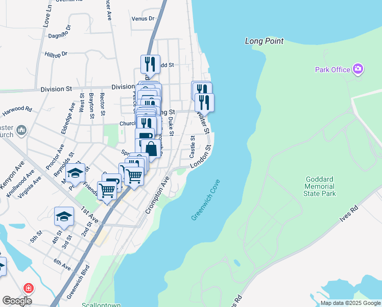 map of restaurants, bars, coffee shops, grocery stores, and more near 31 Castle Street in East Greenwich