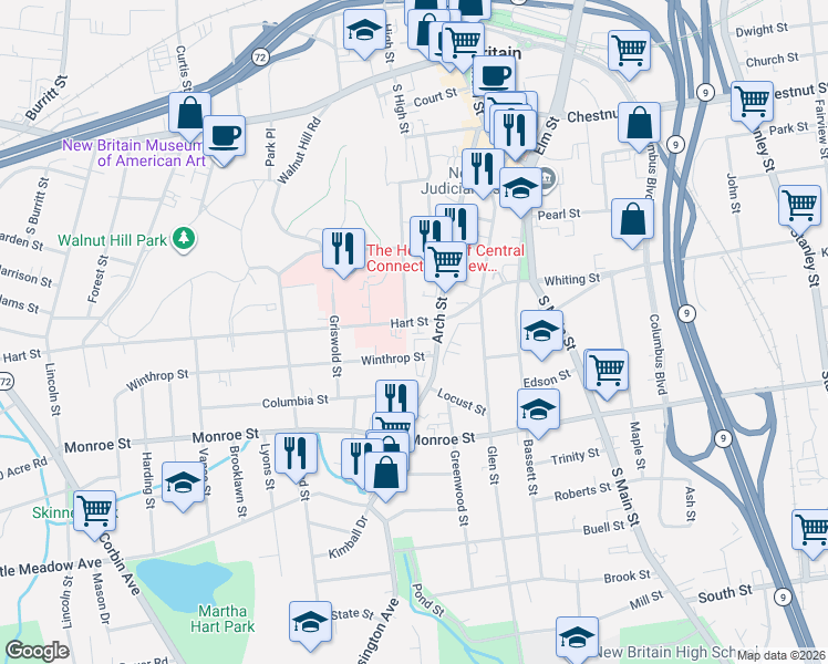 map of restaurants, bars, coffee shops, grocery stores, and more near 27 Winthrop Street in New Britain