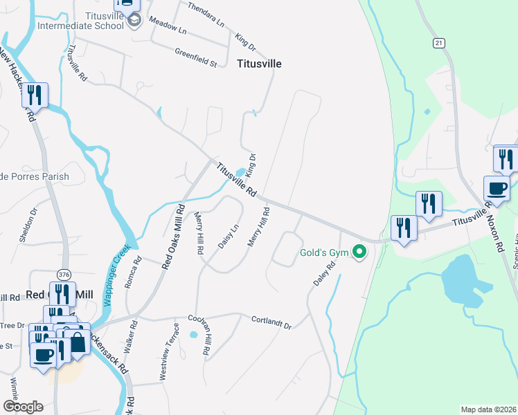 map of restaurants, bars, coffee shops, grocery stores, and more near 15 Daisy Lane in Poughkeepsie