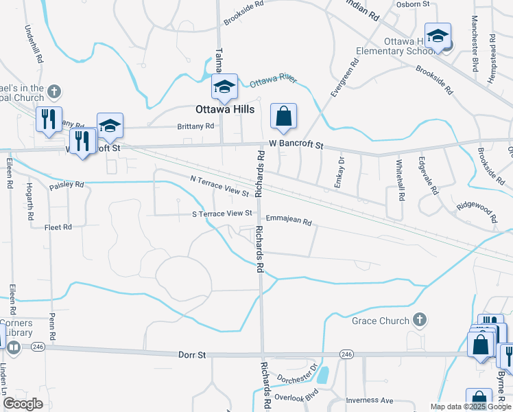 map of restaurants, bars, coffee shops, grocery stores, and more near 4106 South Terrace View Street in Toledo