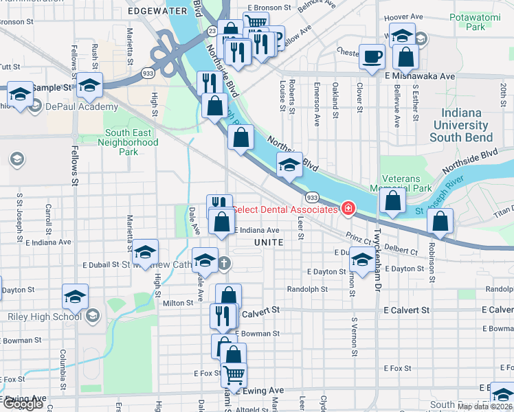 map of restaurants, bars, coffee shops, grocery stores, and more near 1135 Haney Avenue in South Bend