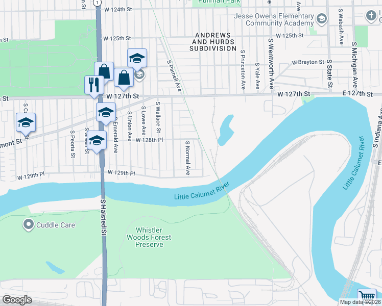 map of restaurants, bars, coffee shops, grocery stores, and more near 12863 South Normal Avenue in Chicago