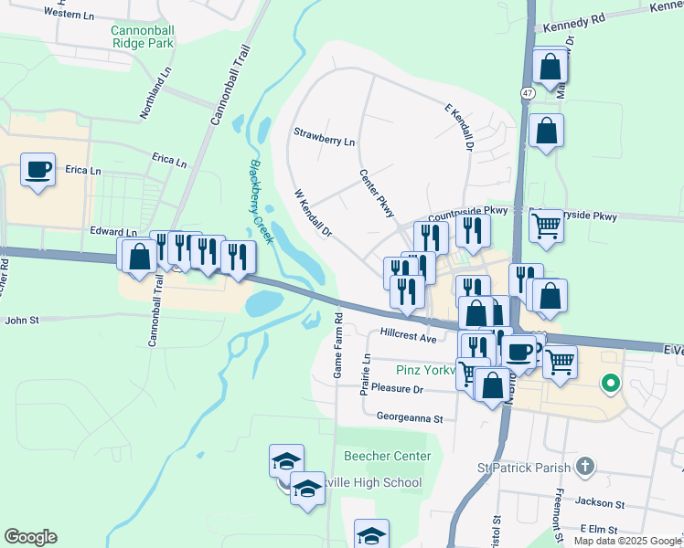 map of restaurants, bars, coffee shops, grocery stores, and more near 501 West Kendall Drive in Yorkville