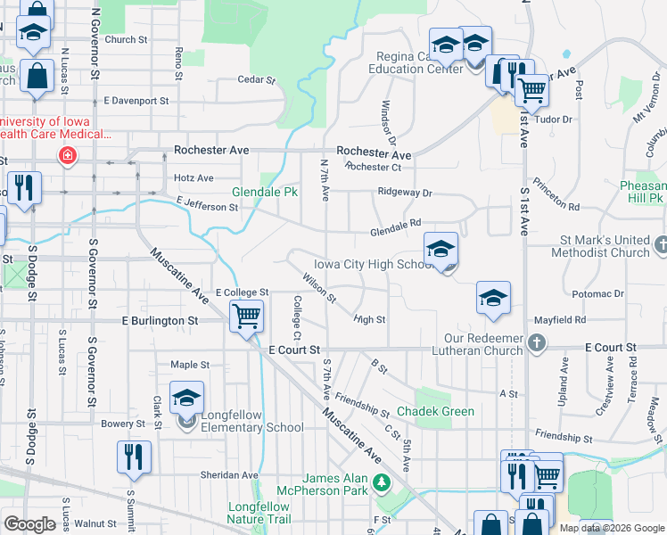 map of restaurants, bars, coffee shops, grocery stores, and more near 109 South 7th Avenue in Iowa City