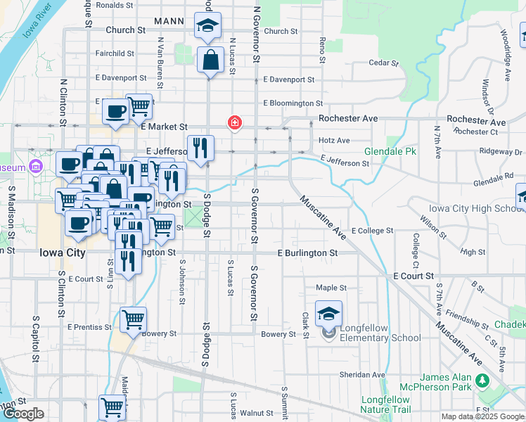 map of restaurants, bars, coffee shops, grocery stores, and more near 112 South Governor Street in Iowa City